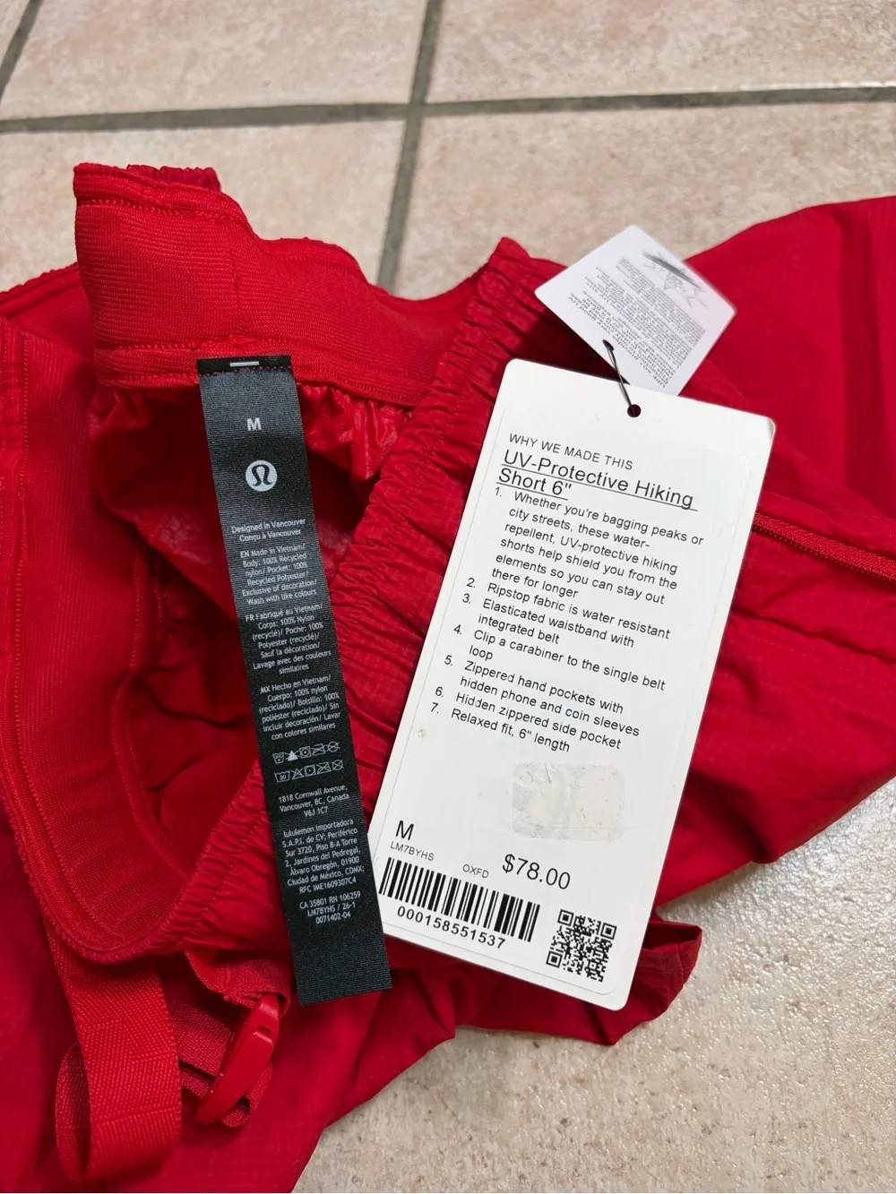 NWT Lululemon UV-Protective Hiking Short *6” (Oxford Red) Size M